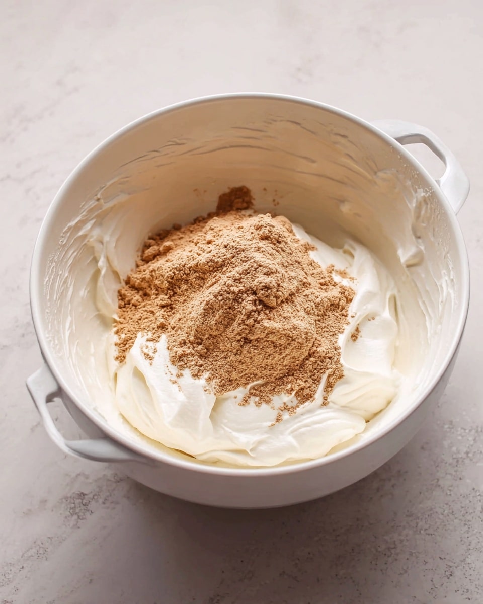 A white mixing bowl sits on a white marbled surface filled with two main layers visible: a thick, creamy white layer forming the base around the edges and a central pile of light brown powder with a slightly coarse texture resting on top of the white cream. The bowl has two small handles on the sides, and the lighting highlights the smoothness of the cream and the roughness of the powder in the center. Photo taken with an iphone --ar 4:5 --v 7