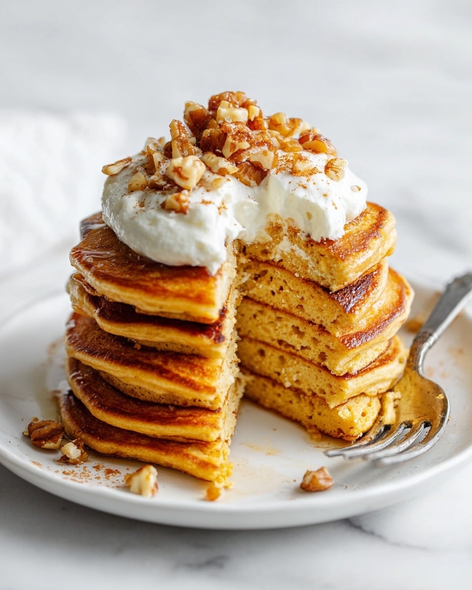 A stack of six thick, golden-brown pancakes sits on a white plate on a white marbled surface. The pancakes have a soft, fluffy texture with some small air holes visible. On top of the stack is a generous dollop of white whipped cream with a few pieces of chopped walnuts and a light dusting of cinnamon. A wedge of the stack is missing, revealing the fluffy inside of each pancake. A silver fork rests beside the pancakes on the plate. Photo taken with an iphone --ar 4:5 --v 7