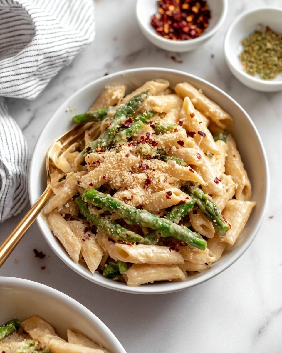 A white bowl filled with three layers: at the bottom green asparagus pieces, on top creamy beige penne pasta mixed with the asparagus, and the top layer sprinkled with grated cheese and small red chili flakes. A gold fork rests diagonally inside the bowl, partially buried in the pasta. In the background, two small white bowls hold chili flakes and some green powder, all set on a white marbled surface with a white and black striped cloth partially visible to the left. photo taken with an iphone --ar 4:5 --v 7