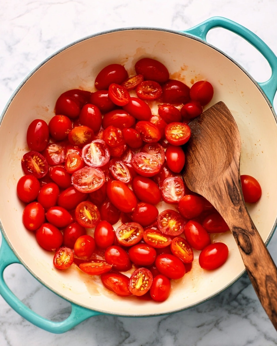 Inside a white pot with teal handles, there are many bright red cherry tomatoes, some whole and some cut in half showing their juicy insides with small seeds. The tomatoes lay on a smooth cream-colored surface inside the pot. A wooden spoon with a natural grain pattern is gently pushing the tomatoes on the right side of the pot. The pot sits on a surface with a white marbled texture. photo taken with an iphone --ar 4:5 --v 7