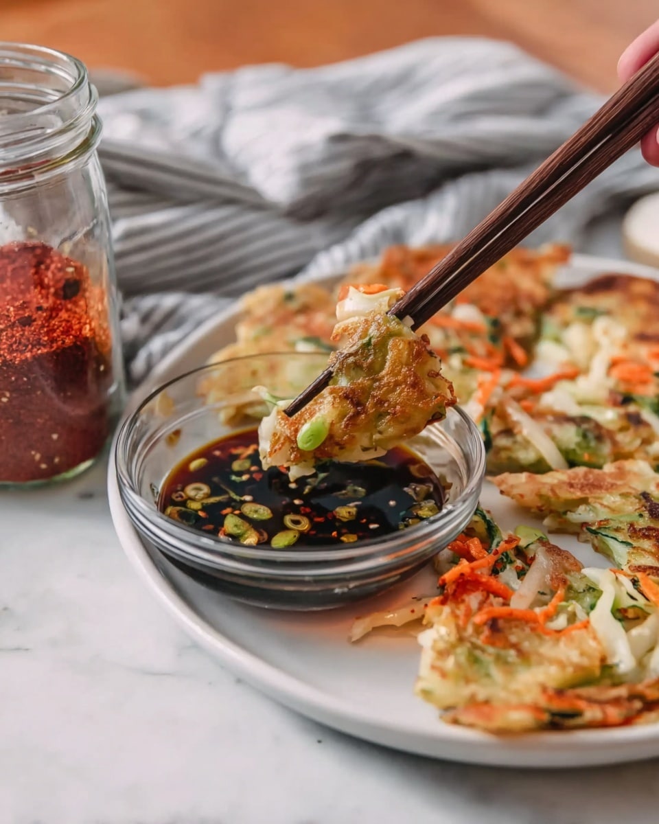 A woman's hand is using dark wooden chopsticks to dip a piece of colorful Korean pancake into a small, clear glass bowl filled with dark soy-based sauce mixed with green chili slices and other seasonings. The pancake pieces are golden brown with visible layers of shredded white cabbage, orange carrot, and green scallions, spread in a white plate. In the foreground, a glass jar with red chili powder is slightly blurred, sitting on a white marbled surface. A soft cloth with gray stripes is placed in the background. Photo taken with an iphone --ar 4:5 --v 7