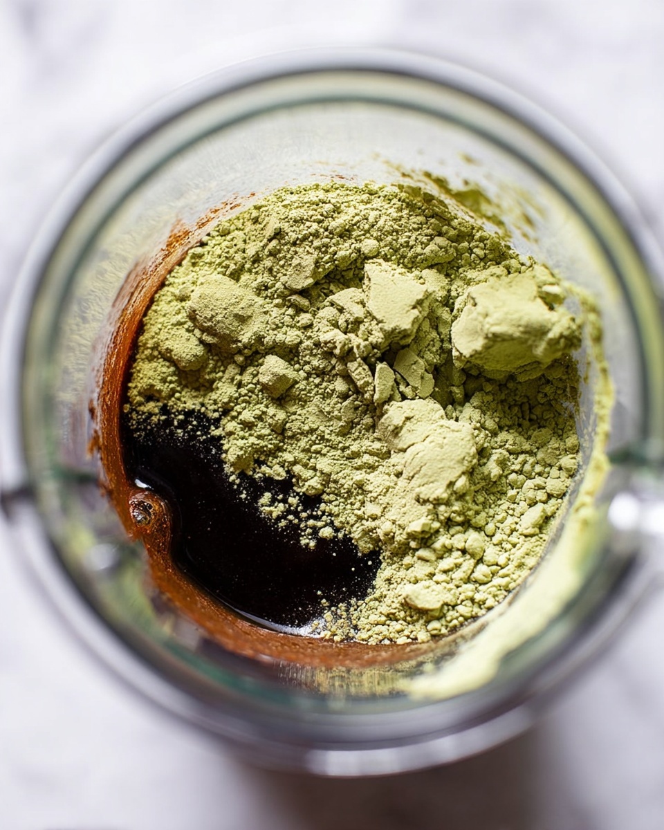 The image shows the inside of a clear blender container filled with layers of ingredients. On the bottom layer, there is a dark brown liquid which looks thick and glossy. On top of this, there is an uneven layer of light green powder loosely spread, with some parts clumped together and others more spread out. The blender's clear walls slightly blur the view, and a metal blender blade is barely visible underneath the ingredients. The background is a white marbled texture. photo taken with an iphone --ar 4:5 --v 7