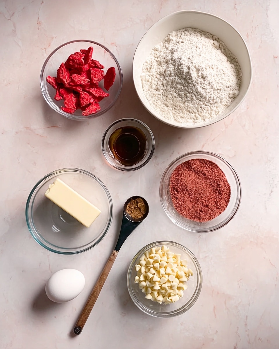 The image shows a flat lay of ingredients on a white marbled surface arranged neatly in bowls and a glass mixing bowl. At the top right, there is a white bowl filled with white flour. Below it to the right, a small clear glass bowl contains fine red powder. Below that is a tiny bowl with dark liquid. At the center left, the glass mixing bowl contains two types of sugar — white and brown — and a stick of butter. Near the bottom center is a small clear glass bowl filled with white chocolate chips. To the left, a black ladle with a wooden handle holds red freeze-dried strawberry slices. A single white egg is placed between the bowls and the glass mixing bowl. Photo taken with an iphone --ar 4:5 --v 7
