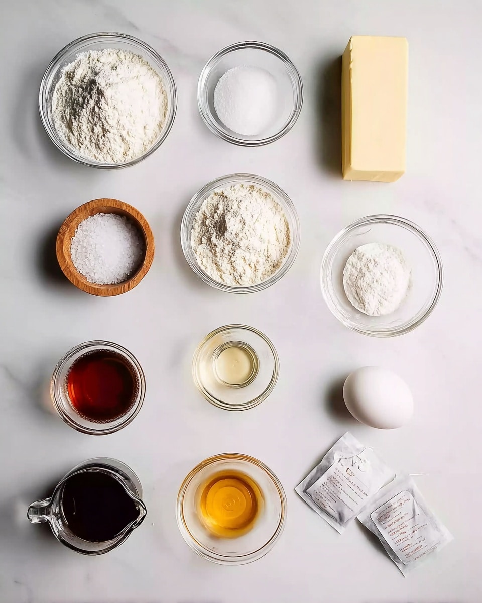 The image shows a white marbled surface with ingredients neatly arranged in rows. At the top right is a light yellow stick of butter. On the left, there are three round clear glass bowls: the top one filled with white granulated sugar, the middle one with white flour, and the bottom with fine white powdered sugar. Below these on the left are two small round wooden bowls, one with salt and the other with baking soda. In the bottom left are two small pouring jugs, one filled with dark brown liquid and the other with white liquid. Next to them is a glass bowl with honey and a small glass bowl with a white creamy ingredient. To the right sits a single white egg, and below it are two tea bags with paper tags resting on the marbled surface. Photo taken with an iphone --ar 4:5 --v 7
