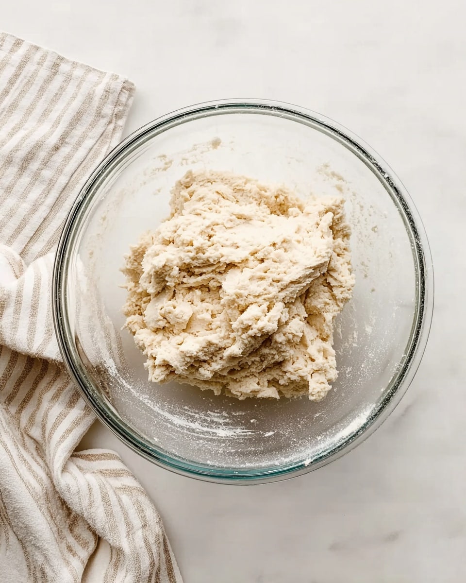 A clear glass bowl sits on a white marbled surface and holds a rough dough mixture with uneven crumbly texture and light beige color; the dough appears thick and slightly clumpy, filling about half the bowl, with some flour dusted lightly around it inside the bowl. A light cream and beige striped cloth napkin is casually placed to the side on the marbled surface. photo taken with an iphone --ar 4:5 --v 7