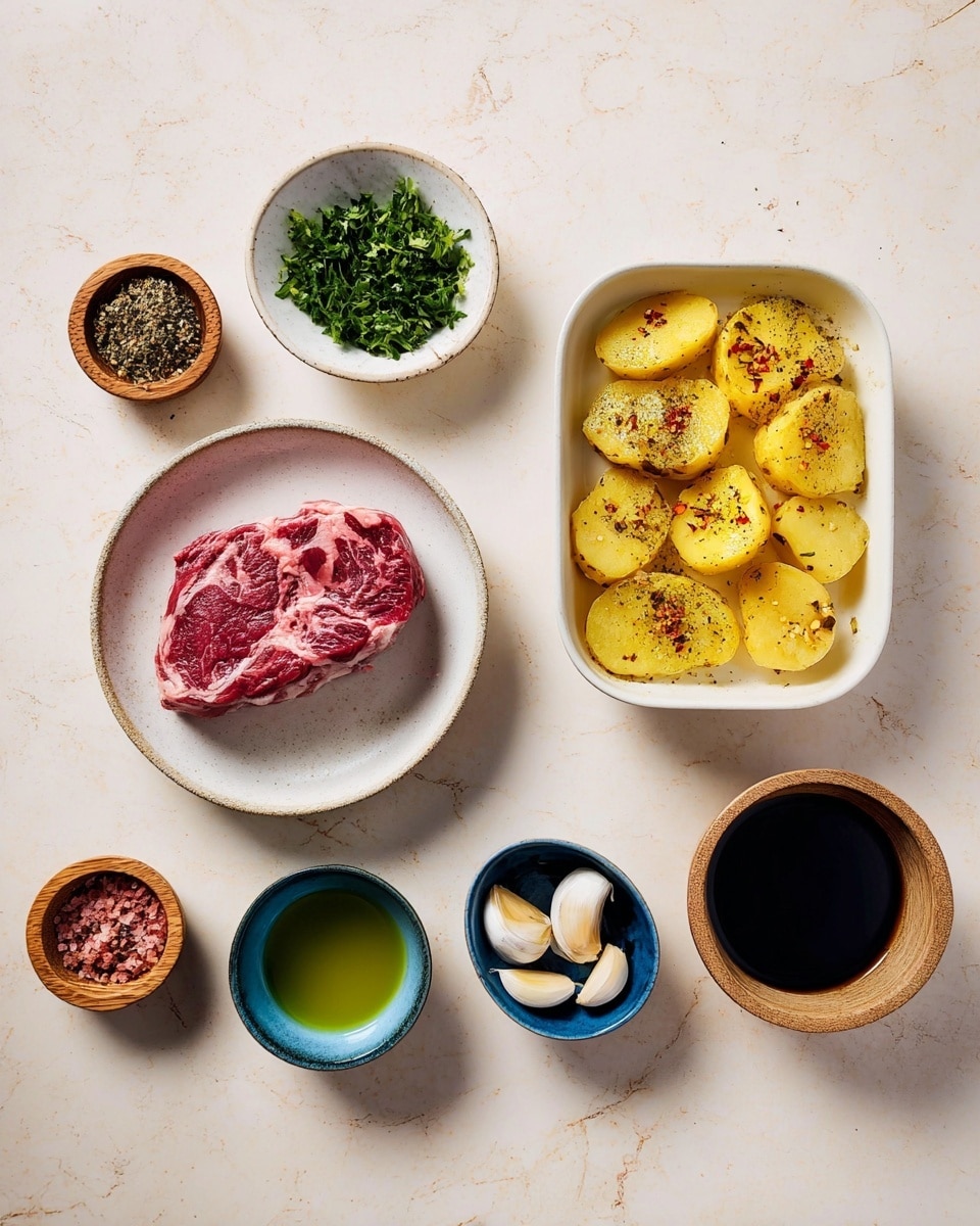 A white ceramic dish on the right side holds yellow potato slices sprinkled with black pepper and some red spices, placed on a white marbled surface. Above it, a white plate contains one raw red beef steak with white marbling texture. On the left side, there are six small bowls: a white bowl at the top left with green parsley, a small wooden bowl with red and green dried spices below it, a small brown bowl with a mix of pink and black pepper next to it, a blue bowl with green oil below the beef and potato dishes, another brown bowl in the center with three garlic cloves, and above it, a blue bowl full of dark liquid. The bowls and dishes are arranged neatly and evenly spaced. photo taken with an iphone --ar 4:5 --v 7