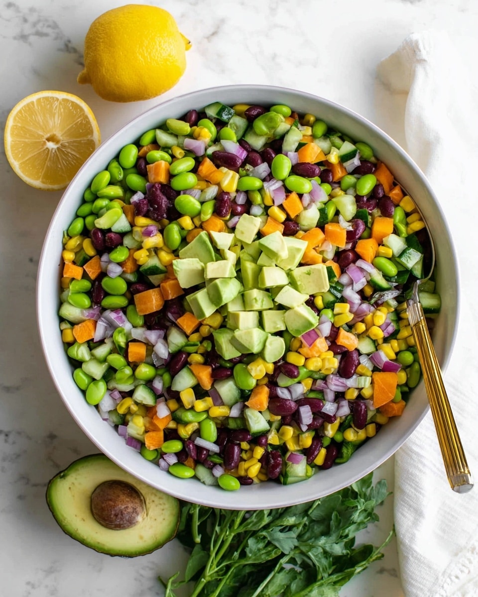 A white bowl filled with a colorful salad showing three main layers: a base layer of small green edamame beans mixed with black beans, yellow corn, and small red onion pieces; on top of that are scattered pieces of orange bell pepper and green cucumber chunks; the topmost layer is a small pile of light green avocado cubes placed in the center. A metal spoon with a gold handle rests on the side of the bowl. Around the bowl, half a lemon and half an avocado sit on a white marbled surface, along with some green leafy herbs near the bottom corner. photo taken with an iphone --ar 4:5 --v 7