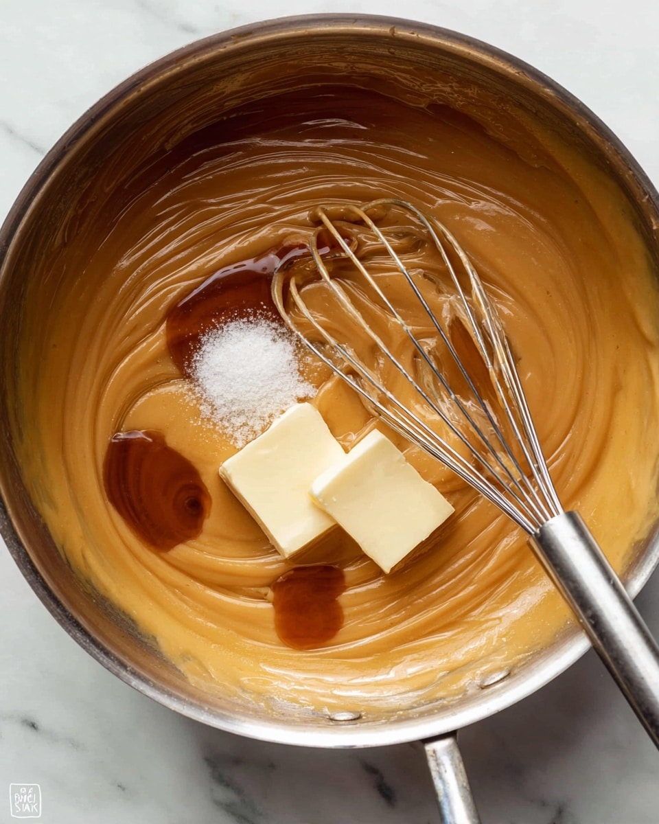 A close-up top view of a shiny silver pan holding a smooth golden brown caramel mixture with swirls, topped with two square chunks of creamy yellow butter, a small pile of white granulated sugar, and a drizzle of dark brown vanilla extract. A metal whisk partially covered in caramel rests inside the pan. The pan is placed on a white marbled surface photo taken with an iphone --ar 4:5 --v 7