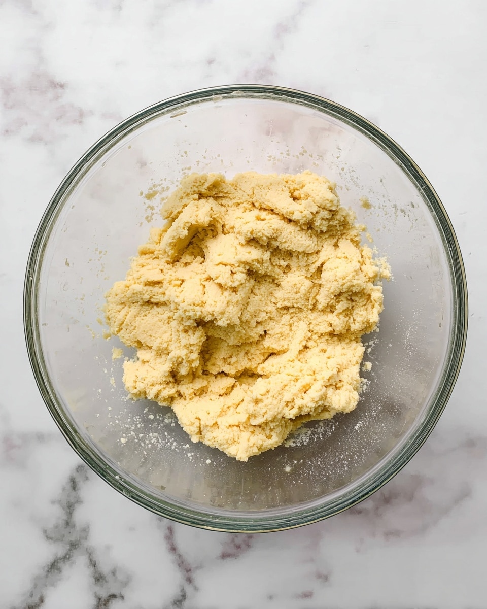 A clear glass bowl holds a single layer of light yellow dough with a crumbly and slightly grainy texture, unevenly shaped and clumped mostly in the center and slightly spread out. The bowl sits on a white marbled surface that adds subtle gray veining throughout. The dough looks soft and thick, with no other layers or toppings visible. photo taken with an iphone --ar 4:5 --v 7