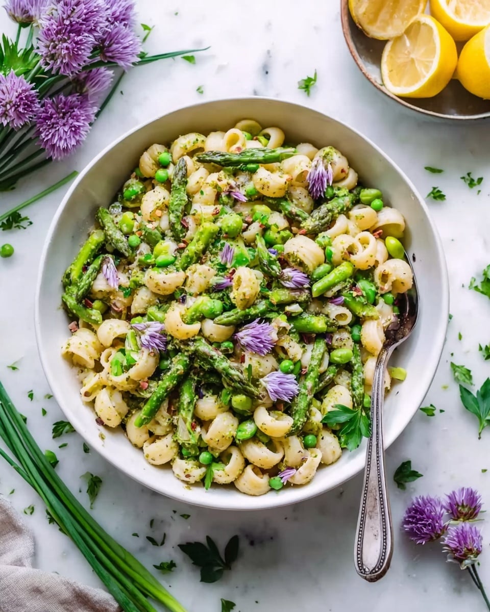 A white bowl filled with a spring pasta salad featuring elbow macaroni mixed with bright green asparagus pieces and green peas. The pasta is lightly coated with a green pesto sauce, giving a fresh look with flecks of herbs visible. On top, there are small purple chive flowers and fresh green parsley leaves as garnish. A silver fork rests inside the bowl on the right side. Around the bowl, there are lemon halves, a bowl with purple flowers, and a few chive stalks and parsley sprigs scattered on a white marbled surface. photo taken with an iphone --ar 4:5 --v 7