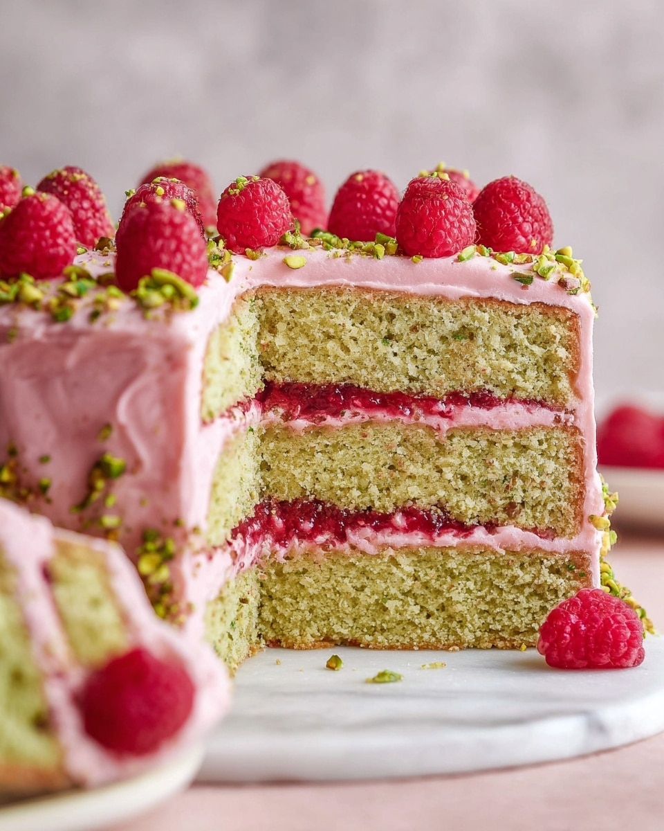 The image shows a three-layer green cake with pink frosting covering all sides. Between each cake layer, there is a thick layer of pink frosting with a bright red raspberry jam filling. The top of the cake is decorated with whole raspberries and finely chopped green pistachios. The cake is placed on a white marbled surface with a soft, blurred background. A slice of the cake has been removed, exposing the detailed layers inside, and a white plate with a piece of cake and a few raspberries sits nearby. Photo taken with an iphone --ar 4:5 --v 7