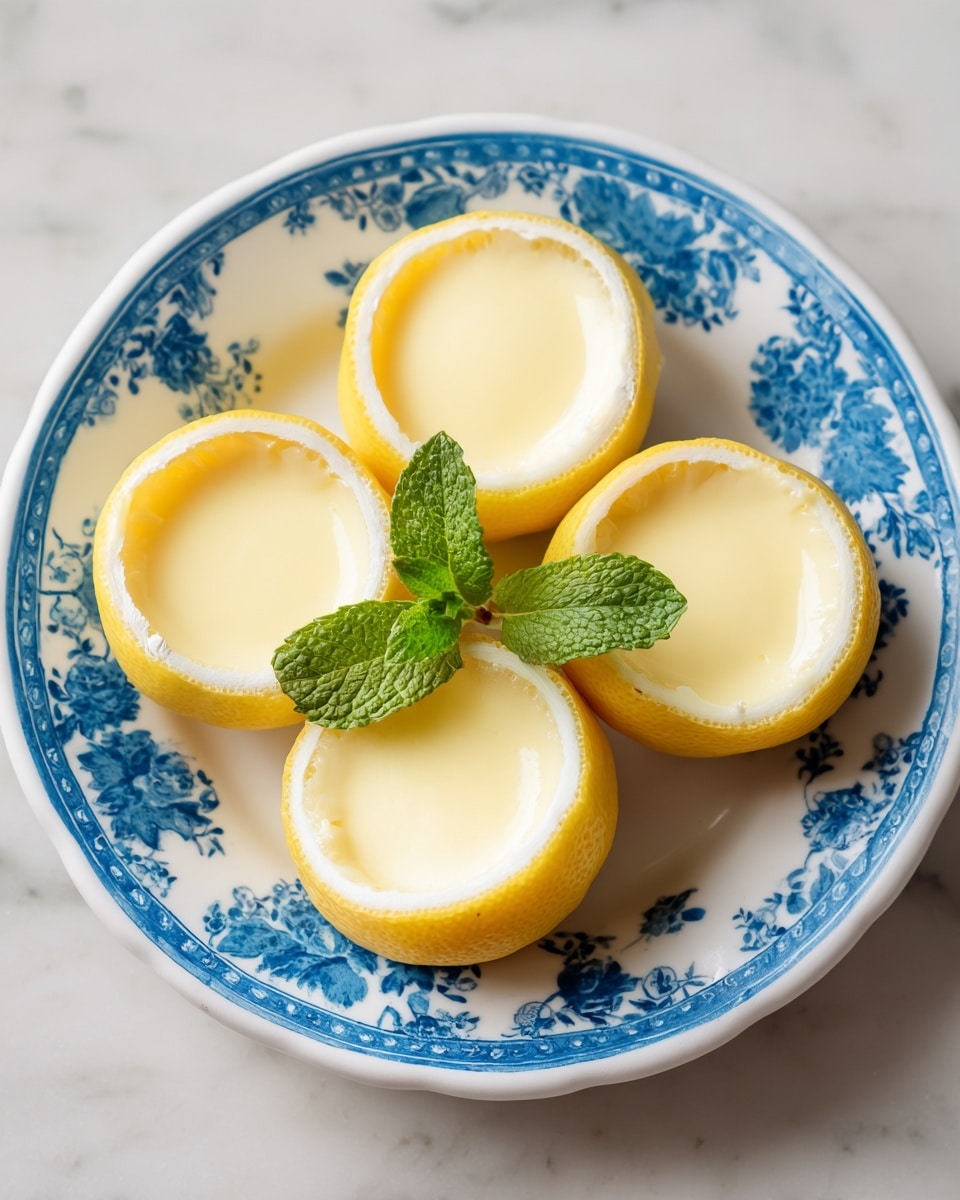 The image shows five lemon halves filled with smooth, creamy pale yellow lemon custard, each lemon shell with a bright yellow peel and white inner rind, arranged closely on a white plate with blue floral patterns around the edge. One lemon custard is topped with a small fresh green mint leaf placed near the edge. The plate rests on a white marbled surface, and the overall look is fresh and clean, with the rich blue pattern contrasting against the soft yellow custard and lemons. photo taken with an iphone --ar 4:5 --v 7