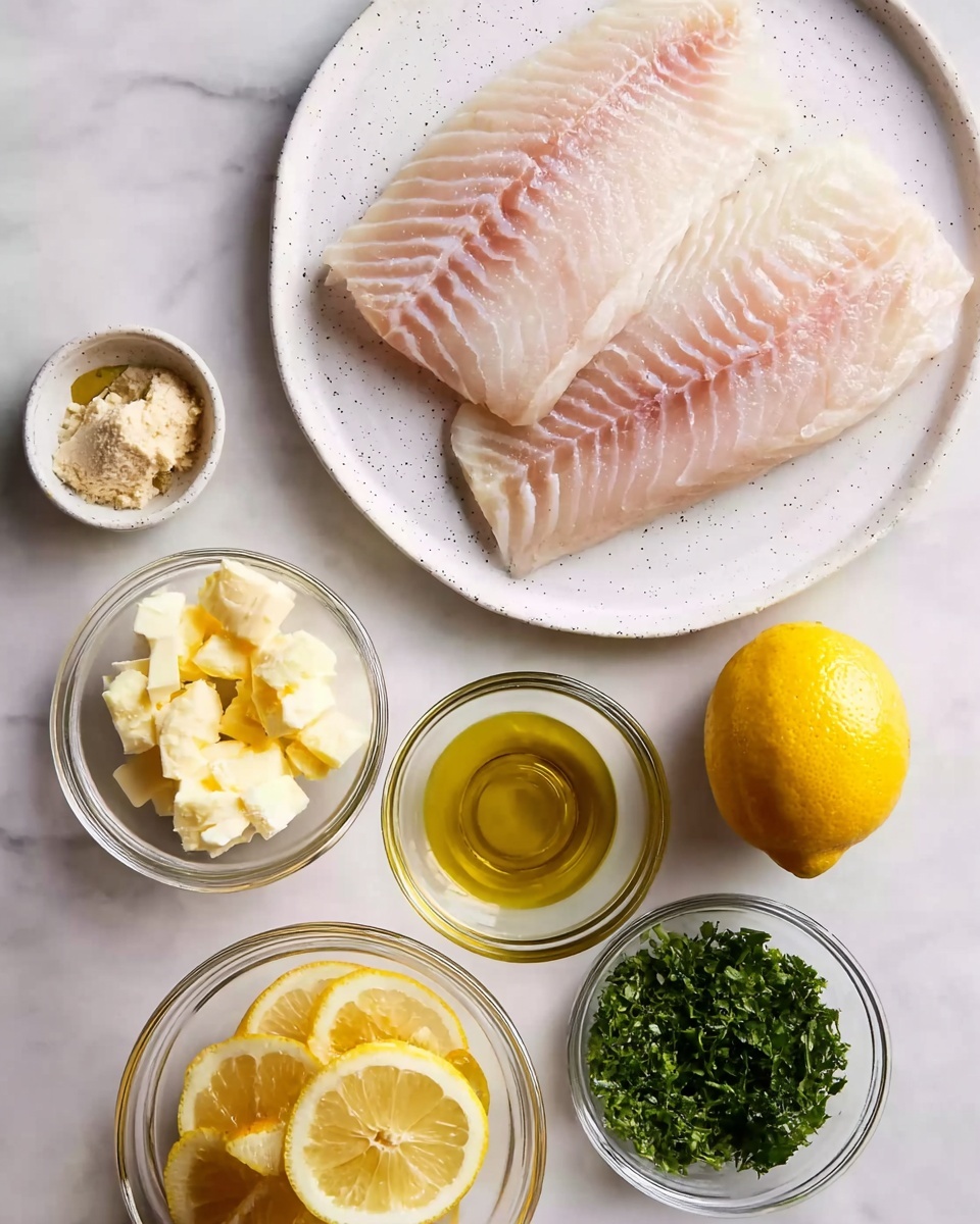The image shows two raw fish fillets with a light pinkish-white color placed on a white plate with small speckles, positioned at the top left of the frame. Around the plate, on a white marbled surface, are several small glass bowls containing pale yellow butter pieces, chopped green herbs, golden olive oil, and a light beige paste. There are also two whole bright yellow lemons and one glass bowl with lemon slices showing a fresh, translucent yellow color. The ingredients are arranged neatly in a balanced layout, creating a clean and fresh look. photo taken with an iphone --ar 4:5 --v 7