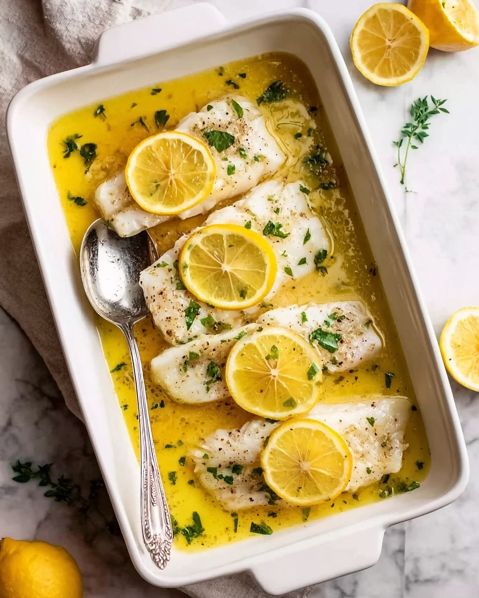 The image shows a white rectangular dish filled with four pieces of white fish fillets, each topped with a bright yellow lemon slice. The fish sits in a golden yellow sauce that looks smooth and slightly oily. Small green herbs are sprinkled lightly on top of the fish and sauce, adding some color contrast. A silver spoon rests on the left side of the dish. The dish is placed on a white marbled surface with some lemon halves and green herbs around it. Photo taken with an iphone --ar 4:5 --v 7