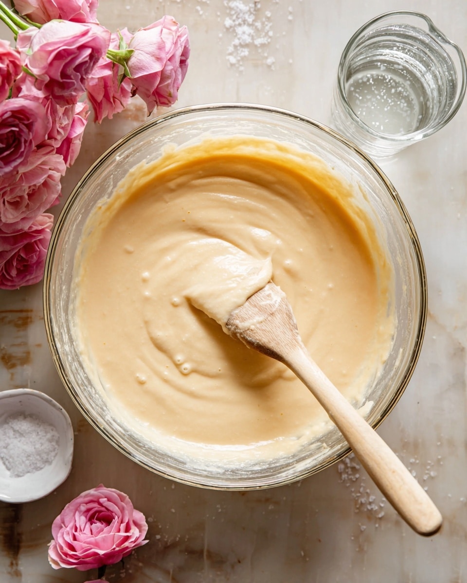 A clear glass bowl filled with smooth, light beige batter sits on a white marbled surface. Inside the bowl, a wooden spatula with a pale beige silicone tip rests, partially dipped into the batter creating soft swirls and small air bubbles on the surface. Around the bowl, a clear glass with water, a small white dish containing coarse salt, and several pink roses with delicate petals are arranged, adding a touch of softness and color contrast to the scene. The overall setting is bright and clean, emphasizing the creamy texture of the batter. photo taken with an iphone --ar 4:5 --v 7