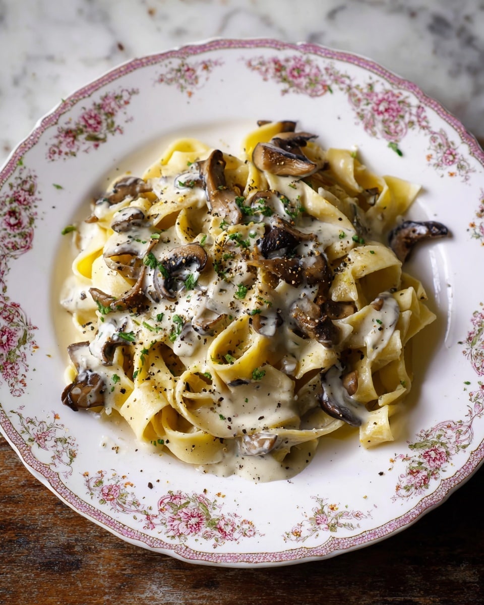 A white plate with delicate pink and green floral patterns holds a serving of creamy mushroom pasta. The pasta is wide, flat ribbons in a pale yellow shade, layered loosely and covered with a thick white creamy sauce. Scattered across the pasta are dark brown cooked mushroom slices, coated in the sauce. Small green herb flakes and coarse ground black pepper are sprinkled evenly on top, adding texture. The plate rests on a white marbled surface. photo taken with an iphone --ar 4:5 --v 7