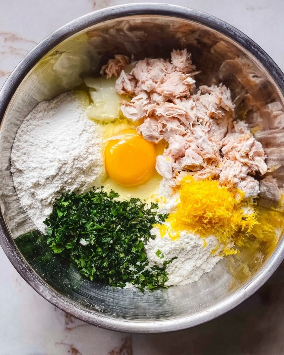 A large metal bowl contains several ingredients arranged in separate sections on a white marbled surface beneath it. On one side, there is a raw egg yolk with the white part beside it, both bright yellow and translucent. Next to it, a heap of white flour occupies a large section of the bowl. Chopped green herbs are positioned on the opposite side of the flour, adding a fresh green color. Shredded light pink pieces of meat, likely cooked, fill another section near the center. A small pile of grated yellow zest, possibly lemon, is placed on top of the meat. Everything is unmixed, keeping the colors and textures distinct. Photo taken with an iphone --ar 4:5 --v 7