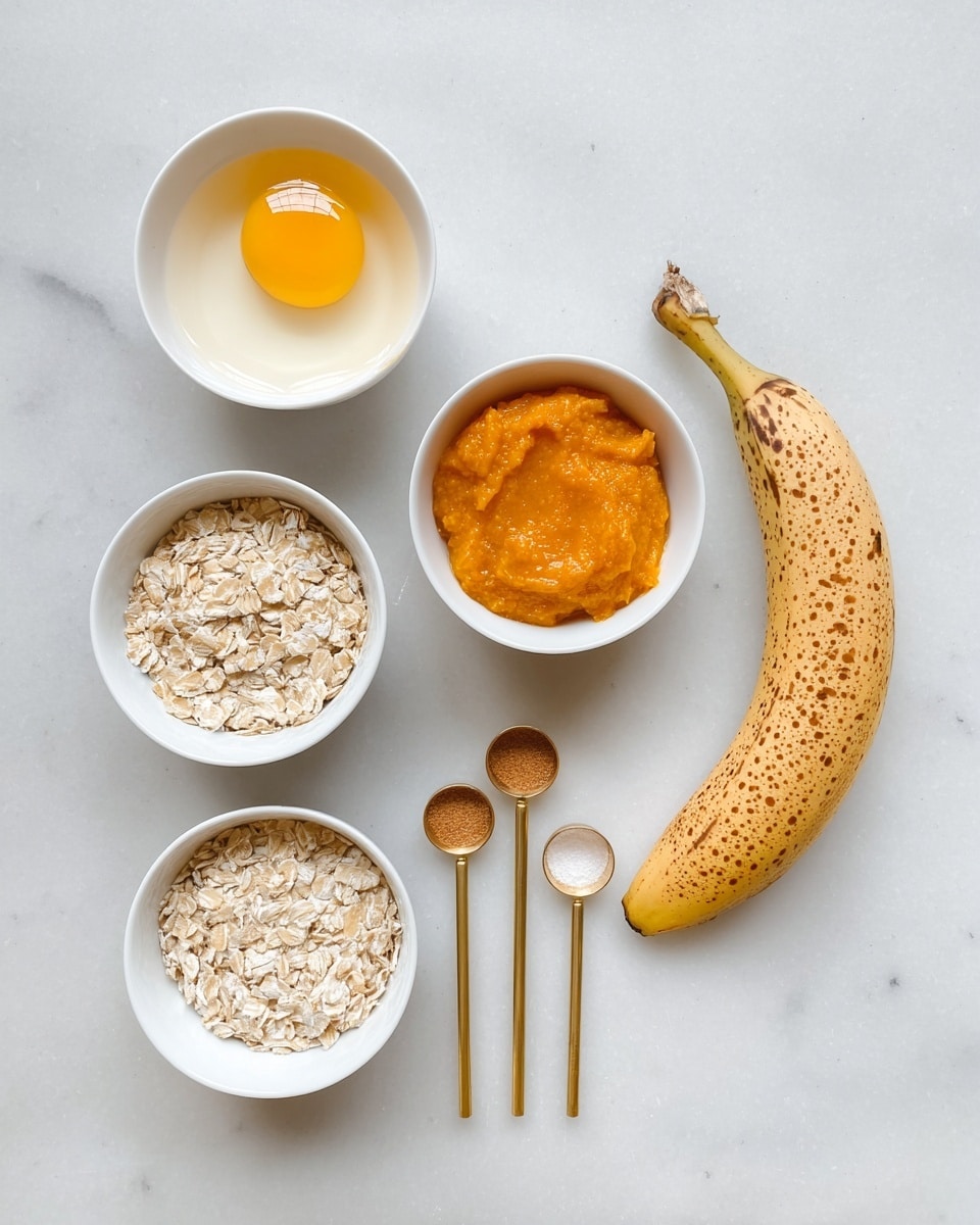 A flat lay image shows six small white bowls and gold measuring spoons arranged on a white marbled surface. The top left bowl contains a single bright yellow egg yolk with clear egg white. The bowl on the middle right holds smooth orange pumpkin puree. The bottom bowl is filled with dry rolled oats in light beige color with rough texture. Next to the bowls, there is a partially peeled spotted banana on the right side of the frame. Three gold measuring spoons with small amounts of ground cinnamon, baking powder, and a liquid ingredient are lined up on the left middle area. The setup is clean and bright with a simple food prep style. Photo taken with an iphone --ar 4:5 --v 7