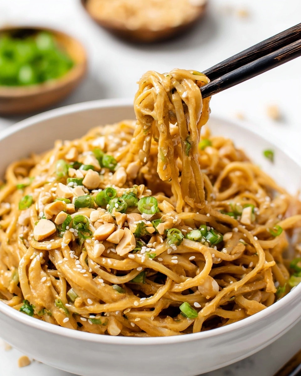 A close-up of a white bowl filled with light brown noodles mixed with creamy peanut sauce. The noodles are twisted and lifted by black chopsticks held by a woman's hand. The noodles are topped with small pieces of crunchy peanuts, white sesame seeds, and bright green chopped scallions scattered evenly. The bowl sits on a white marbled surface with blurred small dishes of chopped green onions and peanuts in the background. photo taken with an iphone --ar 4:5 --v 7