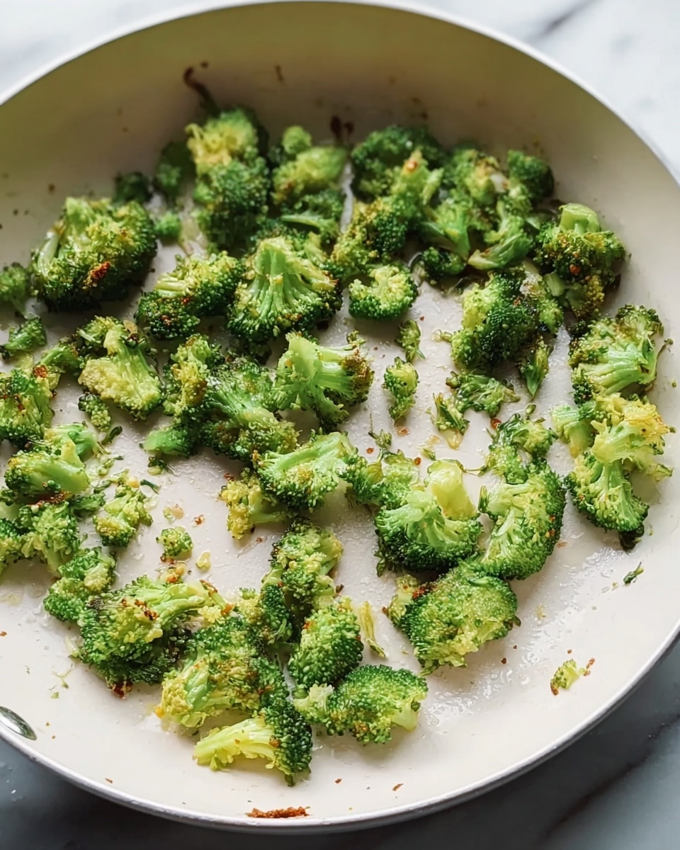 The image shows a white pan filled with small pieces of cooked broccoli spread across the surface. The broccoli pieces are bright green with slightly browned edges, showing a light crisp texture. Some small broccoli stems and florets are scattered evenly in the pan, with a few crumbs and light seasoning visible on the pan’s base. The background shows a white marbled texture. Photo taken with an iphone --ar 4:5 --v 7