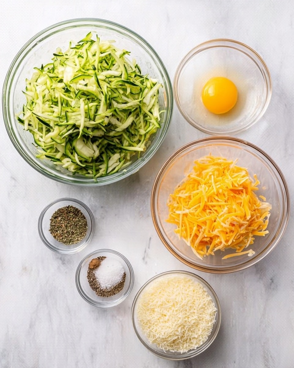 There are five clear glass bowls placed on a white marbled surface. The largest bowl on the left is filled with green shredded zucchini. Next to it on the right side is a bowl with one raw egg inside, showing the yellow yolk clearly. Below the egg bowl is a smaller bowl filled with an orange shredded cheese. To the left of the cheese bowl, there is another small bowl containing white panko breadcrumbs. Finally, a small bowl to the left of the breadcrumbs contains mixed spices in black, white, and light brown colors. photo taken with an iphone --ar 4:5 --v 7