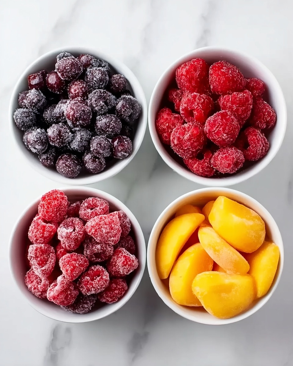 Four small white bowls are placed on a white marbled surface in a square shape. The top left bowl is full of dark purple frozen berries, the top right bowl contains bright red frozen raspberries, the bottom left bowl holds whole red frozen strawberries, and the bottom right bowl is filled with yellow frozen peach slices. The frozen fruits have a light frost covering them, showing their cold texture. photo taken with an iphone --ar 4:5 --v 7