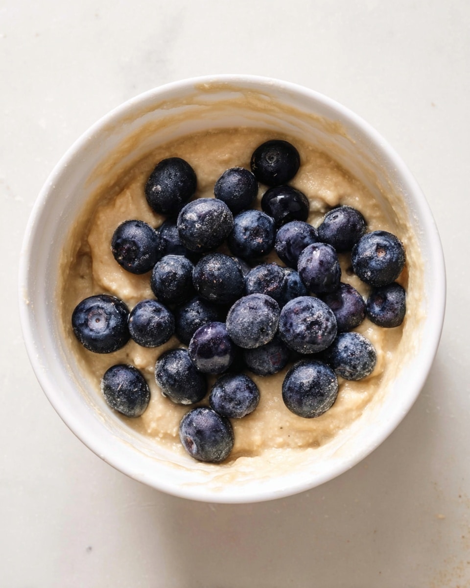 A white bowl holds a thick beige batter filling most of its interior, with some batter slightly smudged around the inner edges of the bowl. On top of the batter, there is a layer of large, plump blueberries that are dark blue with a slight frosted look, scattered evenly across the surface. The bowl is placed on a white marbled surface that is bright and adds a clean background to the scene. photo taken with an iphone --ar 4:5 --v 7