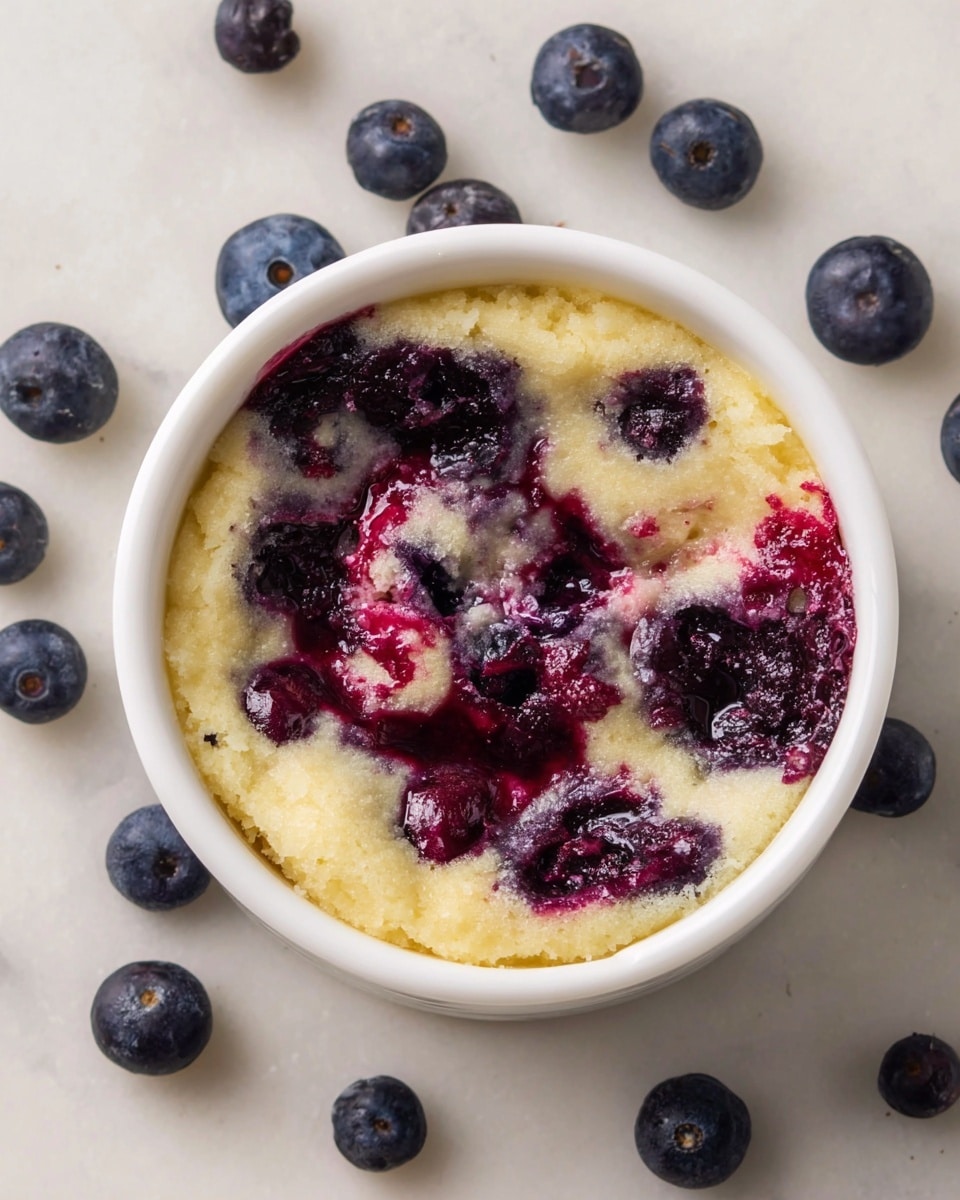 A small white bowl filled with a soft, light yellow cake with a slightly rough texture, spotted with juicy, dark purple blueberries that have burst and released deep red-purple juice, creating swirls and pools on the surface and edges. Around the bowl on a white marbled surface, there are whole fresh blueberries scattered, adding contrast and a fresh look to the scene. photo taken with an iphone --ar 4:5 --v 7