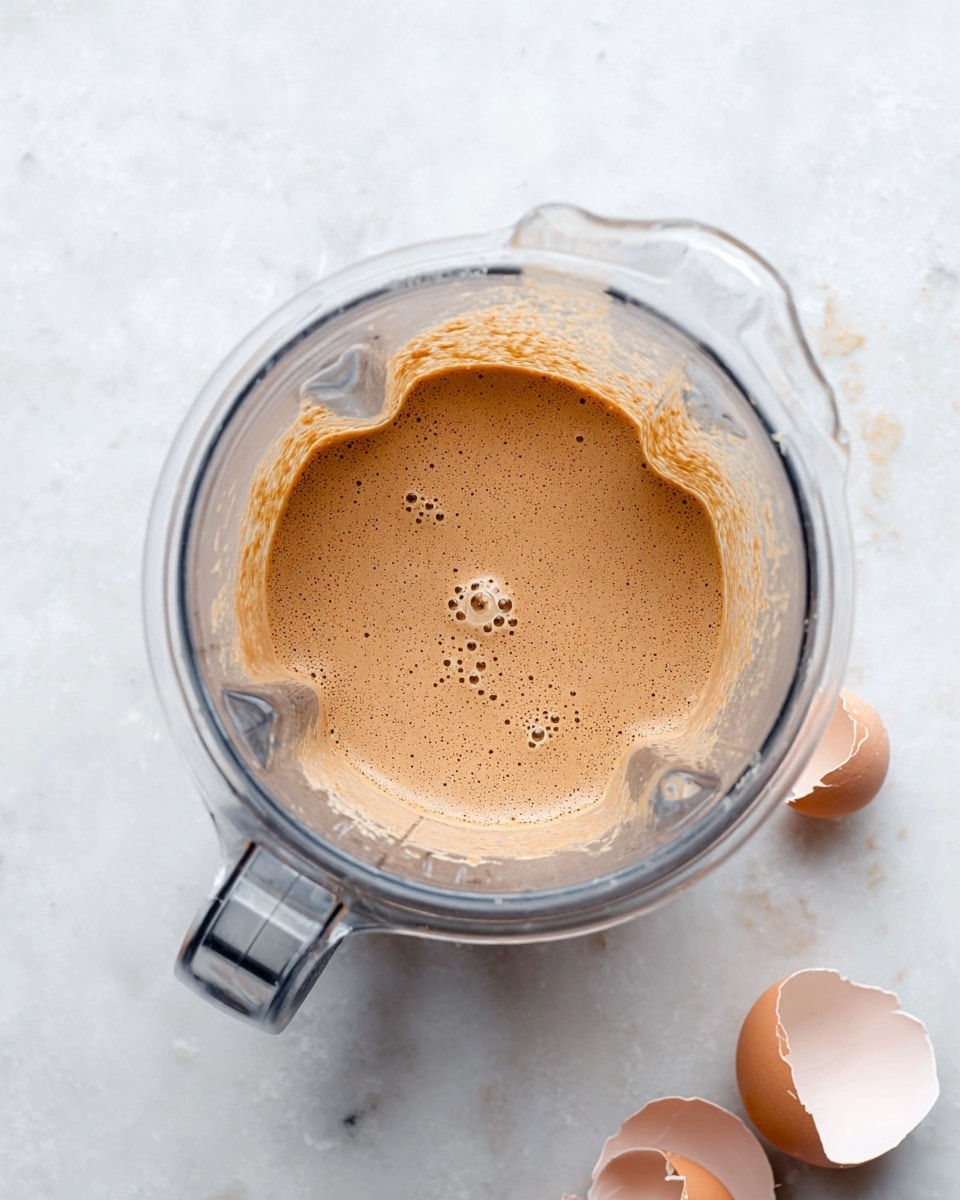 A clear blender jar sits on a white marbled surface filled with a smooth, light brown creamy mixture that has small bubbles on its surface, showing its frothy texture. The blender's thick, transparent sides have some mixture residue clinging near the top edges. To the right side of the blender, three cracked eggshells in soft beige and pale blue hues lie scattered, adding a subtle pop of color to the clean background. photo taken with an iphone --ar 4:5 --v 7
