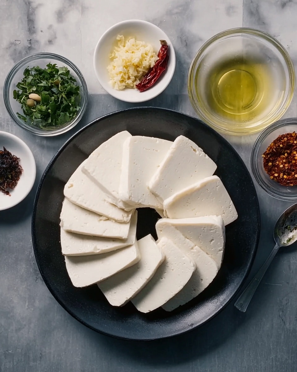 A black plate filled with three layers of white tofu slices arranged in a circular pattern, each piece smooth and firm, covering the plate evenly. Around it, on a white marbled surface, there are four small bowls: one white bowl with green herbs, grated light yellow ginger, and a dried red chili on top; a clear bowl with light yellow liquid; a clear bowl with dark paste; and a clear bowl with reddish-brown crushed flakes and a spoon. The setup gives a clean and simple ready-to-cook look. photo taken with an iphone --ar 4:5 --v 7