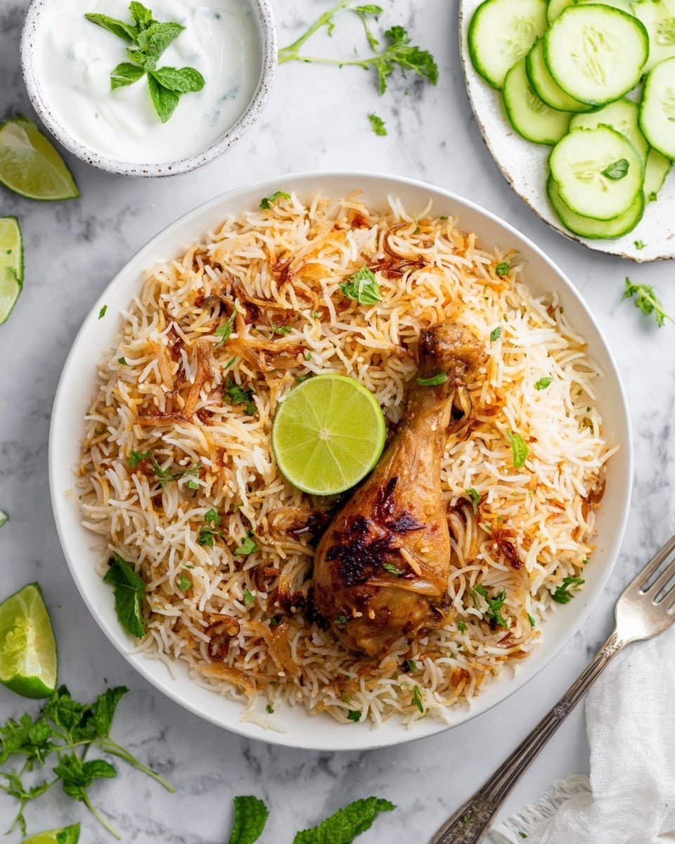 A white plate sits on a white marbled surface with a bed of mixed orange and white rice, showing a fluffy texture with some browned caramelized bits scattered throughout. On top of the rice is a single browned chicken drumstick with a slight char. A green lime wedge rests next to the drumstick, adding a fresh pop of color. Small green herb leaves are sprinkled lightly over the rice. Around the plate, there are slices of cucumber on a white plate, a small bowl of white yogurt adorned with a green herb leaf, and scattered sprigs of green herbs and lime wedges for garnish. A silver fork lies near the bottom edge of the image. Photo taken with an iphone --ar 4:5 --v 7
