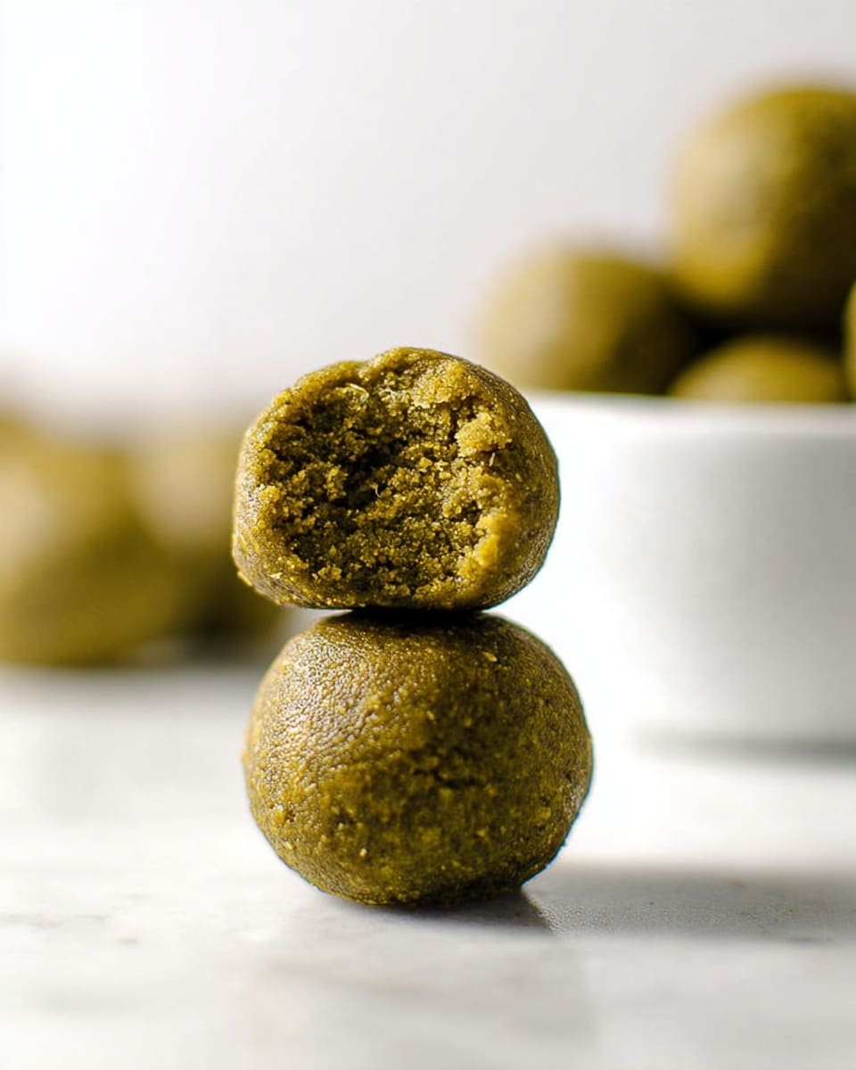 Two greenish-brown round balls stacked on top of each other on a white marbled surface, the top ball has a bite taken out showing a crumbly texture inside. In the background, there are more similar balls blurred out and a white bowl also blurred with more balls inside. The lighting is bright and soft, focusing sharply on the two balls in front. photo taken with an iphone --ar 4:5 --v 7