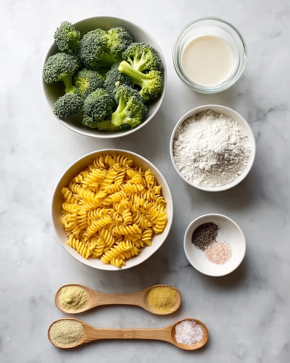 The image shows eight containers arranged on a white marbled surface. At the top center, there is a white bowl filled with bright yellow spiral pasta. To the left, another white bowl holds fresh, green broccoli florets with visible texture and stems. To the right, a white bowl contains a creamy white liquid, smooth in texture. Below the pasta bowl is a small white bowl with white flour, having a soft powdery texture. Next to the flour bowl, a small clear glass bowl holds a clear liquid. At the bottom left, three wooden spoons lie horizontally, each holding a different powdered spice in yellow, light beige, and pale off-white colors, from top to bottom. To the bottom right, there is a small white dish divided into two halves, one with black pepper and the other with pink salt, both granular. Photo taken with an iphone --ar 4:5 --v 7