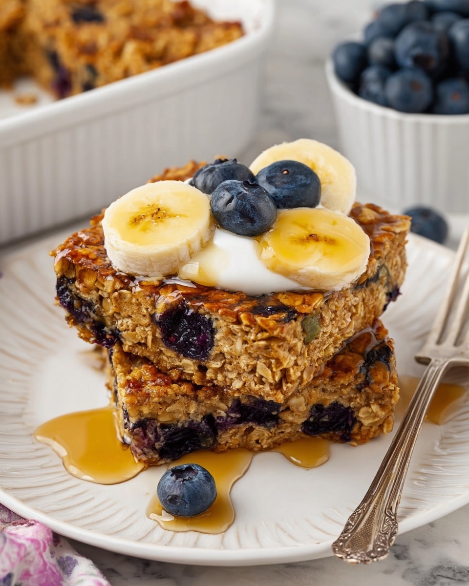 Two square pieces of baked oatmeal stacked on a white plate with light texture lines around the edges. The oatmeal is golden brown with visible whole oats and dark purple blueberries embedded inside. On top, there is a dollop of white creamy yogurt, three small dark blueberries, and three round yellow banana slices placed around the yogurt. A shiny layer of golden syrup drizzles over the oatmeal and pools slightly on the plate. A single blueberry sits next to the oatmeal on the plate. The plate is set on a white marbled surface, and a vintage silver fork is placed to the right. In the background, on the left side, a portion of a white baking dish with more baked oatmeal and blueberries is visible, and on the right side, a white container with fresh blueberries is partially shown. photo taken with an iphone --ar 4:5 --v 7