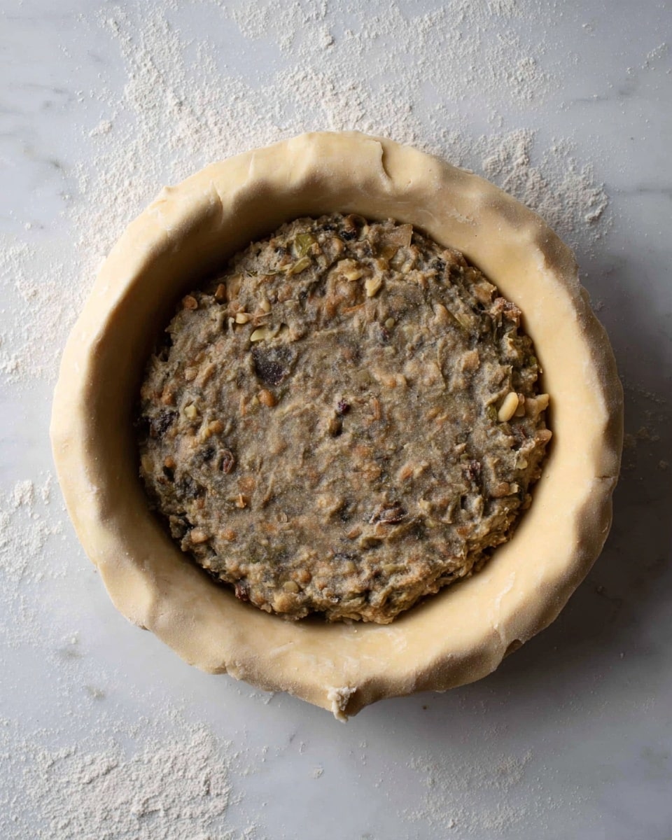 A round pie with a thick, light beige dough crust forming the outer layer, slightly folded over the edge. Inside, there is a thick mixture filling in the center, in shades of grayish-brown with small visible pieces of darker and lighter bits, showing a coarse texture with some small round shapes mixed inside. The pie sits on a white marbled surface with light flour dust around the edges of the dough. photo taken with an iphone --ar 4:5 --v 7