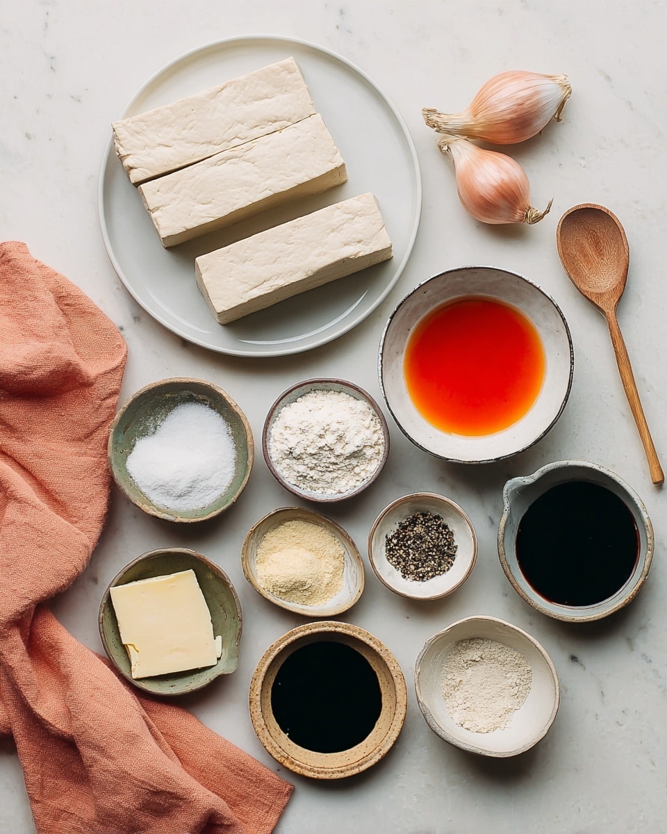 The image shows a flat lay of cooking ingredients on a white marbled surface. At the top left, there is a white plate with two rectangular blocks of light beige tofu. To the right, two peeled shallots rest directly on the surface. Below them is a white bowl with orange-red liquid, possibly a sauce or oil. Around these are small bowls and containers of different dry and liquid ingredients in earthy tones: a bowl of white sugar, a bowl of pale flour, smaller bowls with light yellow powder, a wooden spoon holding black pepper, and dark sauces in ceramic bowls. There is also a peach-colored cloth napkin in the bottom left corner. The scene is bright and neatly arranged for cooking preparation, photo taken with an iphone --ar 4:5 --v 7