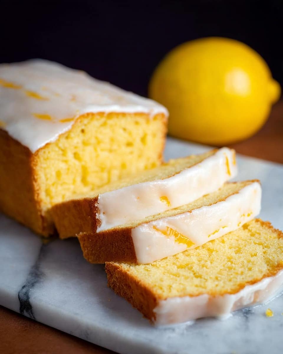 The image shows a loaf of yellow cake with white icing on top, placed on a white marbled surface. Three slices are cut from the loaf and lie flat, each showing a thick layer of crumbly yellow cake with a smooth, slightly shiny white icing covering the top edge of each slice. A whole yellow lemon is positioned behind the slices, adding a fresh, bright touch to the scene. The background is dark, which emphasizes the bright yellow color of the cake and lemon. Photo taken with an iphone --ar 4:5 --v 7