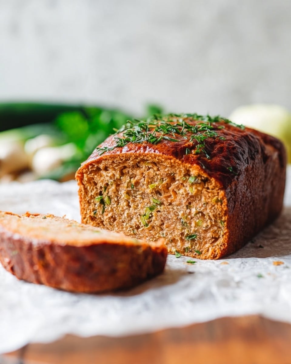 A thick brown loaf with a textured inside showing small green bits of herbs or vegetables is placed on white parchment paper on a wooden surface against a white marbled backdrop. The top of the loaf has a glistening brown crust with a slight shine and some green herbs sprinkled over it. A slice is cut from the side, showing the smooth but firm inside. In the background, blurred green vegetables add contrast to the scene. Photo taken with an iphone --ar 4:5 --v 7
