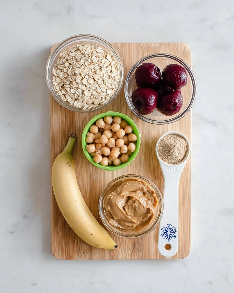 A light wooden cutting board on a white marbled surface holds six items arranged neatly: at the top left, a clear glass bowl filled with pale beige oats; to its right, a clear glass bowl with three deep red beets; below the oats, a green measuring cup filled with round, light tan chickpeas; below the chickpeas, a peeled banana with a soft yellow tone resting diagonally; next to the banana, a clear glass bowl containing a creamy, light brown peanut butter; and at the bottom right, a white measuring spoon with a blue flower pattern filled with a mix of white and light brown powder. photo taken with an iphone --ar 4:5 --v 7