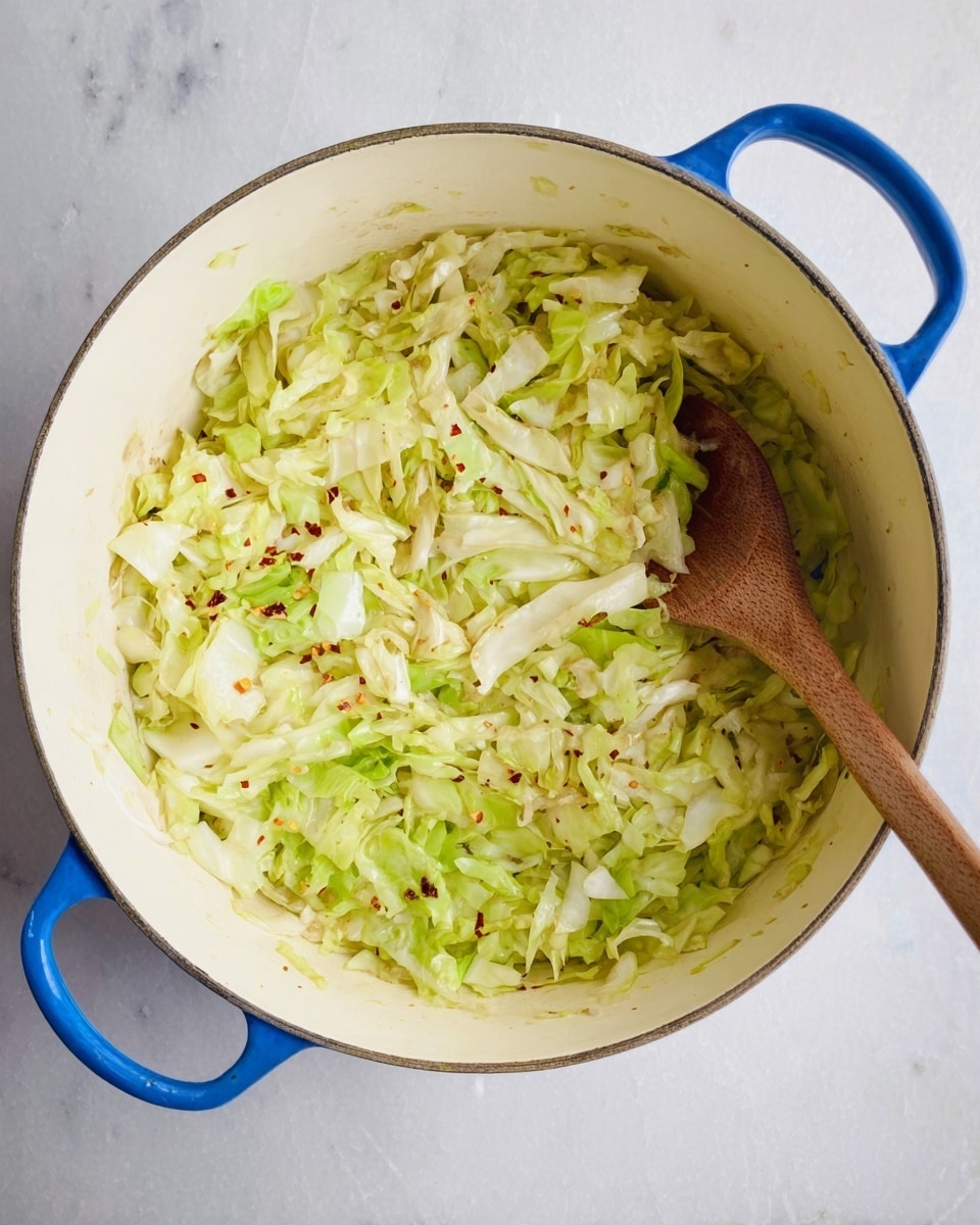 A large white pot with blue handles is filled about halfway with shredded cooked cabbage. The cabbage is light green and pale white with some small red chili flakes scattered on top. A wooden spoon is resting inside the pot on the right side, partly covered by the cabbage. The pot sits on a white marbled surface. photo taken with an iphone --ar 4:5 --v 7