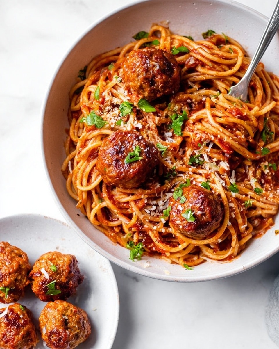 A white bowl filled with spaghetti mixed with rich red tomato sauce, five golden-brown meatballs placed on top, sprinkled with small green parsley leaves and a light dusting of grated cheese, strands of pasta twisted and layered around the meatballs, and a silver fork resting in the bowl on the right side, all set on a white marbled surface. Below the bowl, there is a white plate holding three more meatballs with a slightly shiny texture, adding an extra layer to the composition. photo taken with an iphone --ar 4:5 --v 7