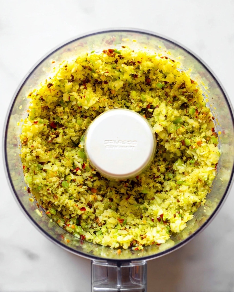 A clear food processor bowl viewed from above and filled with finely chopped yellow-green mixture with small pieces of red and green, creating a textured, slightly uneven surface inside the bowl; the plastic lid of the processor has a central white round piece with some text embossed on it, and the whole setup is placed on a white marbled surface. photo taken with an iphone --ar 4:5 --v 7