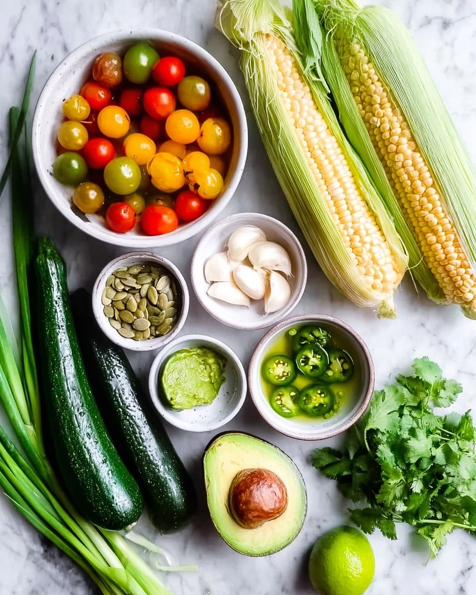 The image shows an arrangement of fresh vegetables and ingredients on a white marbled surface. At the center top, there is a white bowl filled with red, yellow, and green cherry tomatoes. To the right of the bowl, two ears of corn with light yellow kernels and pale green husks lie side by side. Below the tomatoes, a halved avocado with a visible brown seed is placed on the surface. Surrounding the avocado, there are three white bowls: the top bowl has green pumpkin seeds, the middle bowl contains peeled garlic cloves, and the bottom bowl holds sliced green jalapeños in liquid. To the left of the bowls, two long, dark green zucchinis rest diagonally, with fresh scallions stretching above them to the left edge of the image. On the bottom right corner, there is a bunch of bright green cilantro. Near the cilantro, half a lime sits on a small white dish. The overall colors are vibrant, with the fresh produce showing varied textures and hues. Photo taken with an iphone --ar 4:5 --v 7