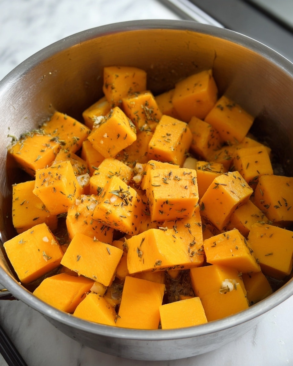 The image shows a silver cooking pot filled with roughly 30 pieces of cubed orange squash. The cubes are evenly sized, with some having softer edges, and are coated lightly with dried herbs and small bits of garlic scattered on top and between them. The pot is placed on a white marbled surface, and the background has subtle kitchen elements blurred out. The overall colors include orange, greenish herbs, and the shiny silver of the pot. photo taken with an iphone --ar 4:5 --v 7
