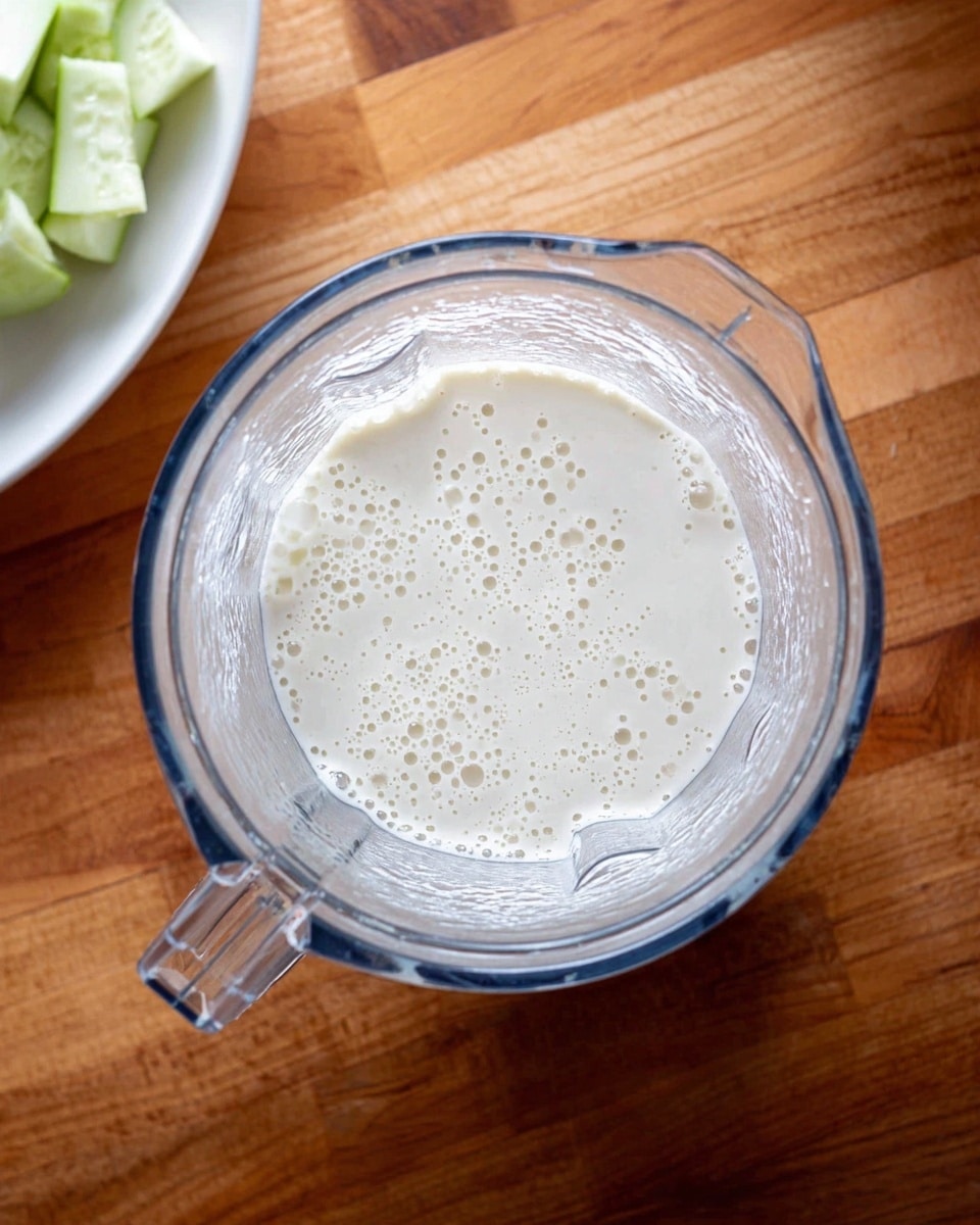 This image shows a clear blender pitcher from above, filled with a creamy white mixture that has small bubbles on the surface. The blender pitcher sits on a wooden surface with a warm brown texture. In the top left corner, there is a white plate with light green sliced vegetable pieces, possibly cucumber or zucchini. The overall look is clean and fresh. Photo taken with an iphone --ar 4:5 --v 7