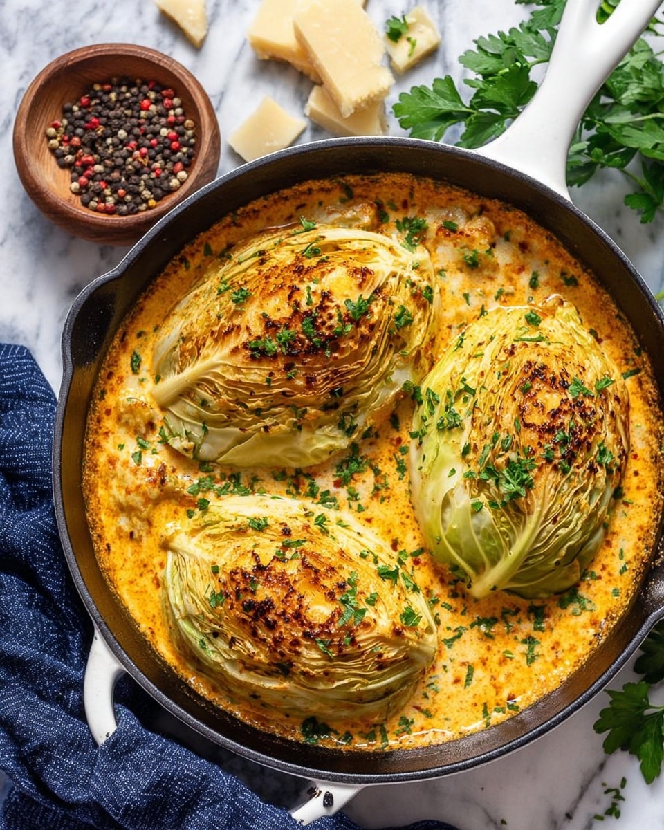 The image shows a black cast iron pan with a white handle filled with a creamy, orange-colored sauce that has a textured surface similar to baked cheese. There are three large pieces of cabbage, each a light green color with visible char marks, partially submerged in the sauce and sprinkled with finely chopped green herbs. Around the pan on the white marbled surface, there are a few pieces of broken pale yellow cheese, a navy blue cloth, some fresh green parsley leaves, and a round wooden bowl filled with multicolored peppercorns. The overall scene looks warm and inviting, with the cabbage pieces layered on top of the thick sauce. Photo taken with an iphone --ar 4:5 --v 7