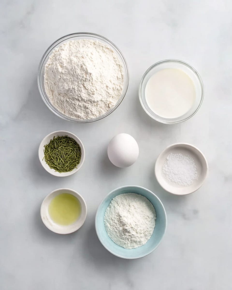 The image shows seven cooking ingredients laid out on a white marbled surface. There is a large clear bowl filled with white flour on the top left and a medium clear bowl with white liquid, likely milk, on the top right. Below, in the center, lies a single whole white egg. To the left of the egg is a small white bowl holding green dried herbs, and to the right of the egg is a tiny white bowl with white salt. Below these, near the bottom left, is a small clear bowl containing a pale yellow liquid, probably oil. At the bottom center is a small light blue bowl filled with white powder, possibly baking powder or soda. The layout is neat and spaced evenly. photo taken with an iphone --ar 4:5 --v 7