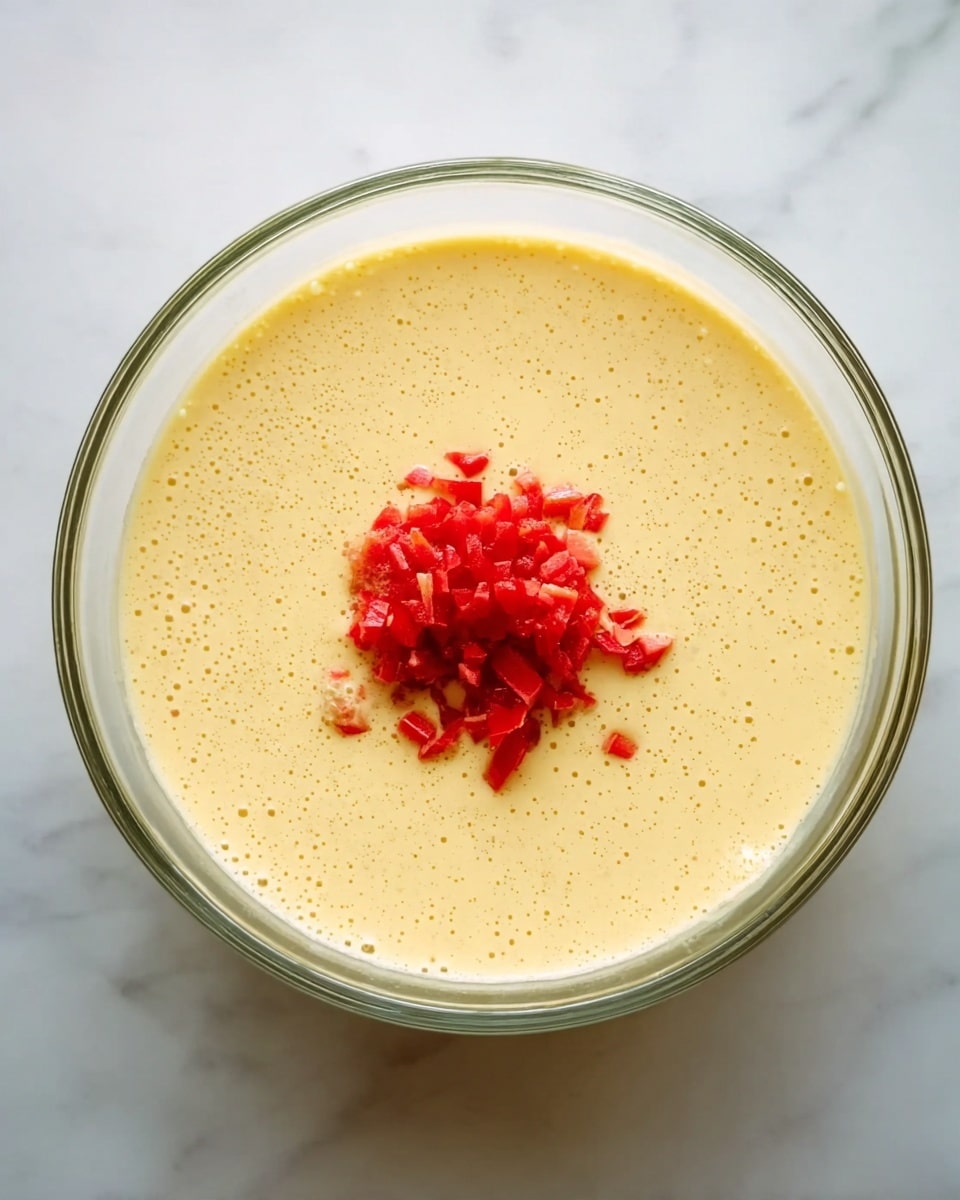 A clear glass bowl filled with a smooth, light yellow batter that has small bubbles on the surface. In the center of the batter, there is a small pile of finely chopped red pieces, looking fresh and slightly glossy. The bowl is placed on a white marbled surface. photo taken with an iphone --ar 4:5 --v 7