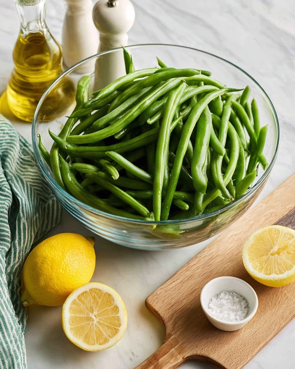 A large clear glass bowl filled with fresh green beans piled high, showing their smooth, bright green texture and long shape. The bowl is set on a white marbled surface. To the left of the bowl are a clear glass bottle with golden olive oil, a white pepper grinder, and a green and white striped cloth. In the foreground, there is a light wooden board with two yellow lemons, one whole and one cut in half, as well as a small white bowl filled with coarse salt. The composition is bright and fresh with natural light highlighting the details. photo taken with an iphone --ar 4:5 --v 7