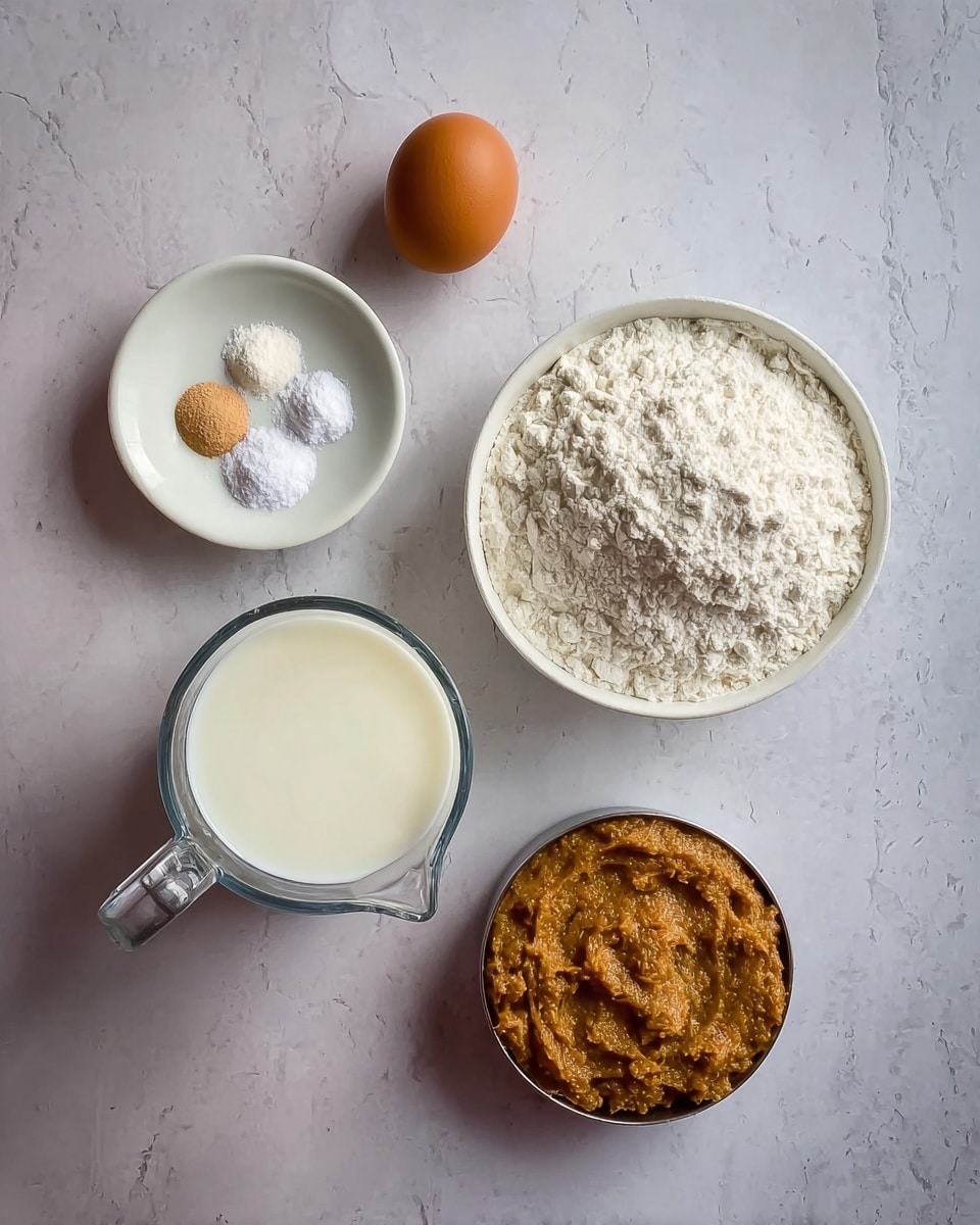 The image shows six ingredients arranged on a white marbled surface. There is a single brown egg placed near the center left. Next to it, on the bottom left, is a clear glass measuring cup filled with white milk. To the right of the egg is a white bowl filled with white flour, and above it is a small white plate holding three white powders and one brown powder, each in small piles. On the bottom right, there is a metal measuring cup filled with a textured light brown paste. The overall layout is neat, with each ingredient clearly visible. Photo taken with an iphone --ar 4:5 --v 7